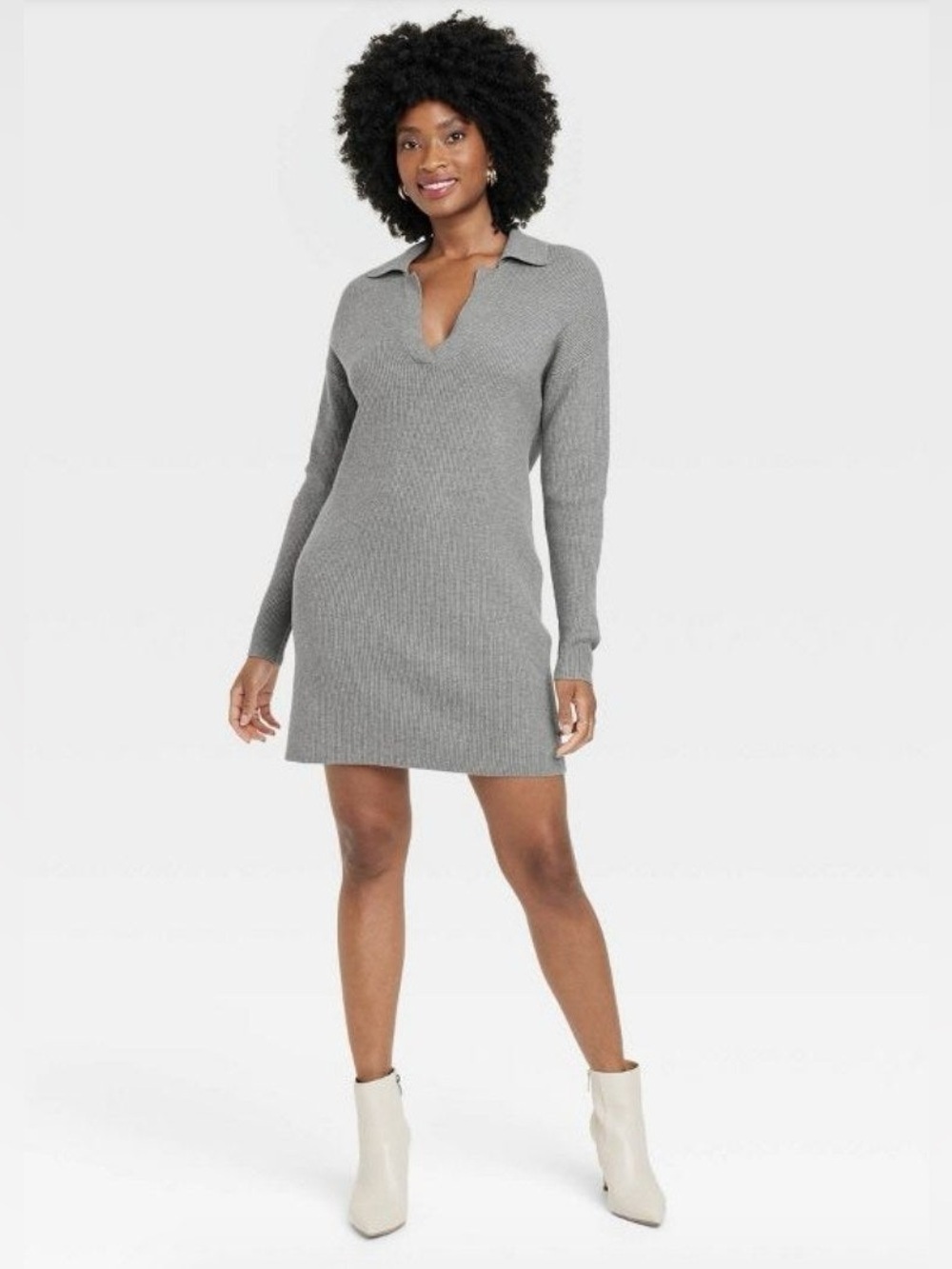 A New Day Light Gray Ribbed V-Neck Long Sleeve Polo Mini Dress Size XS NWT
